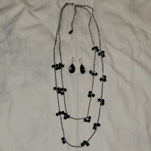 Black Bead Multi-Strand Necklace and Teardrop Earrings Set